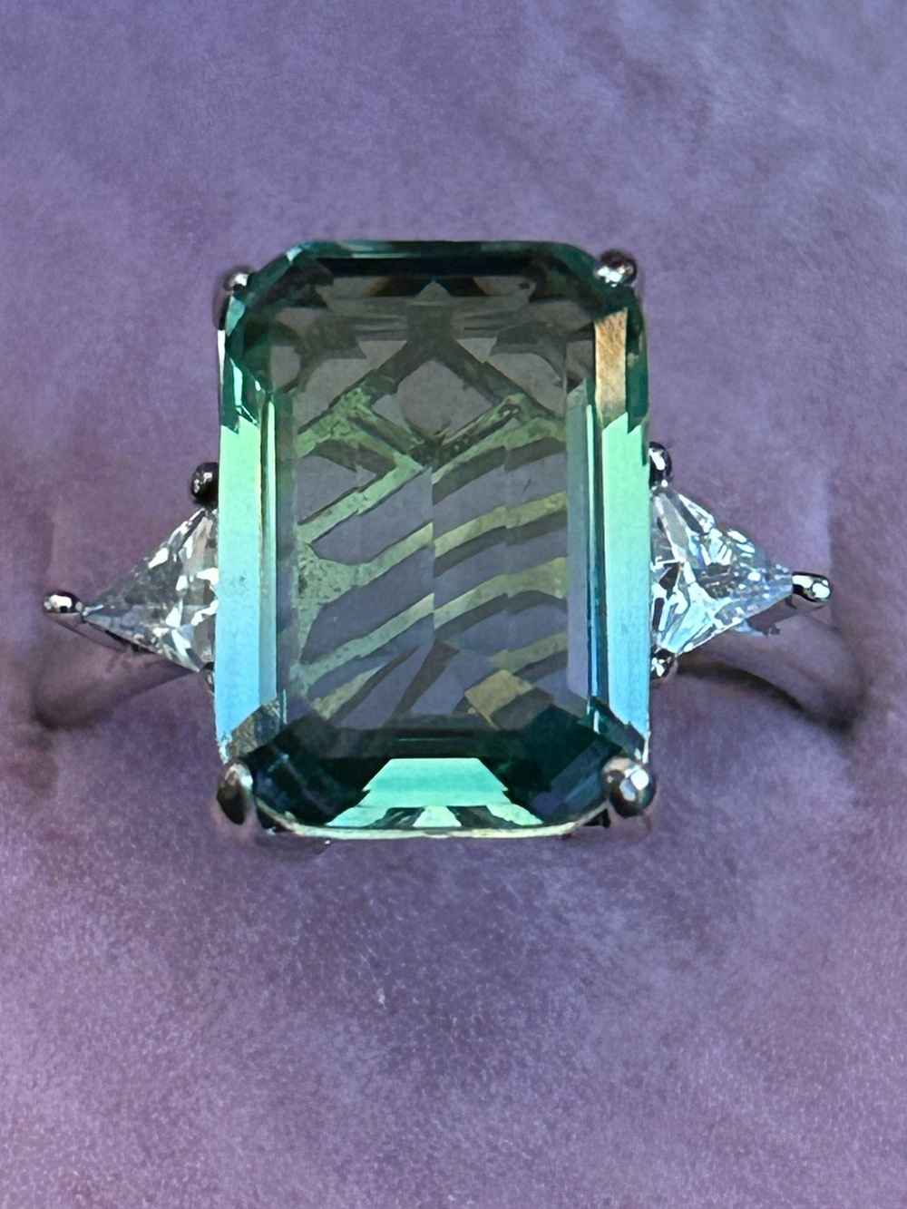 BP Teal Green Emerald-Cut Quartz Ring w/Clear Cubic Zirconia Trilliant Accents
